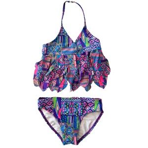 Wave Zone bright multi colored halter tankini w/ ruffles. 

Size: XS (4-5)